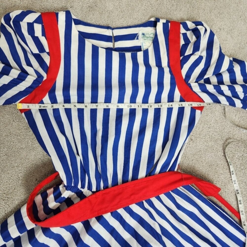 Vintage 100% Cotton Coastal Midi Dress Stripped Fits Medium Size 9 Pin Up Retro - Picture 7 of 15